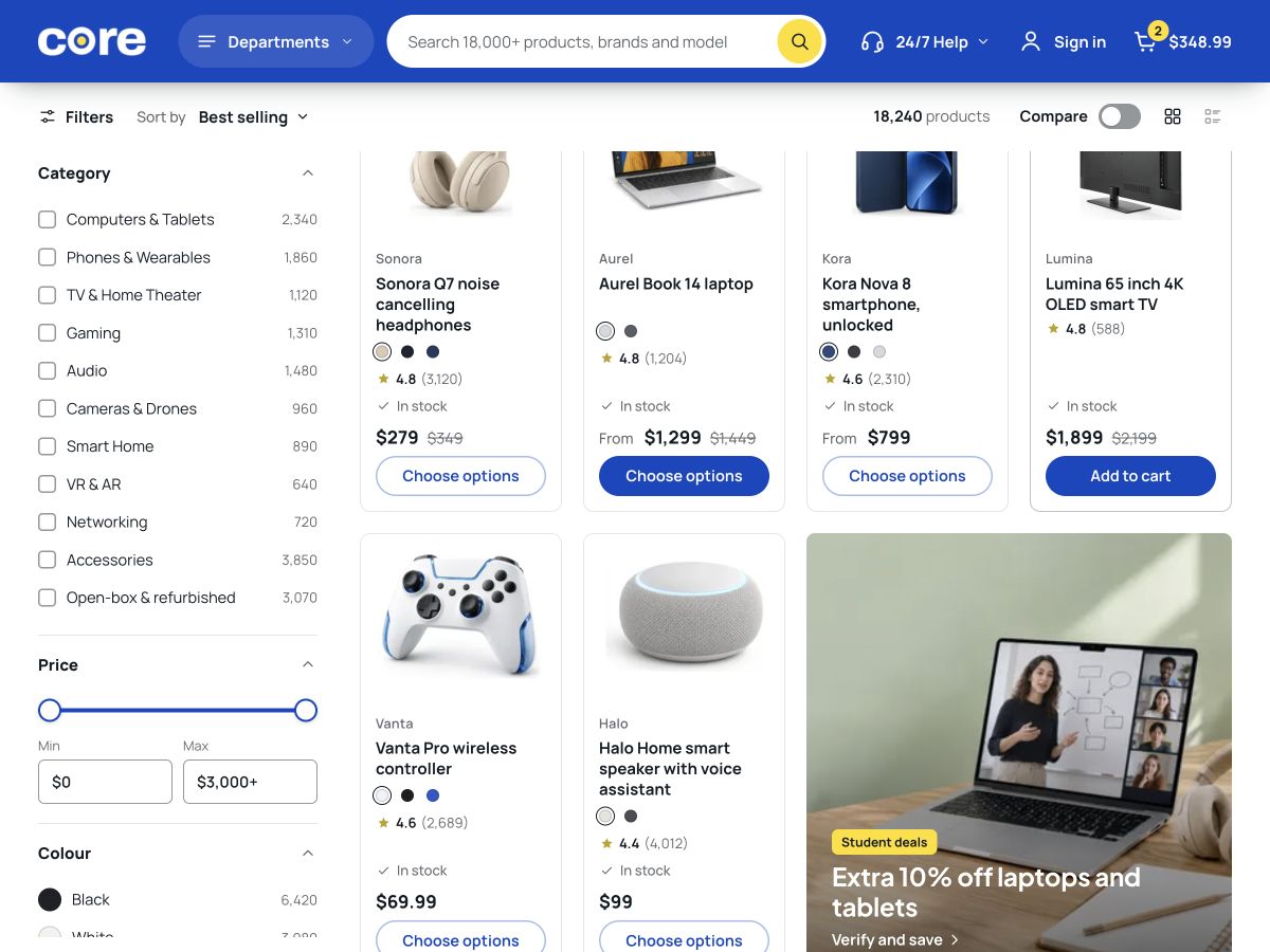 Core collection filters alongside the product results