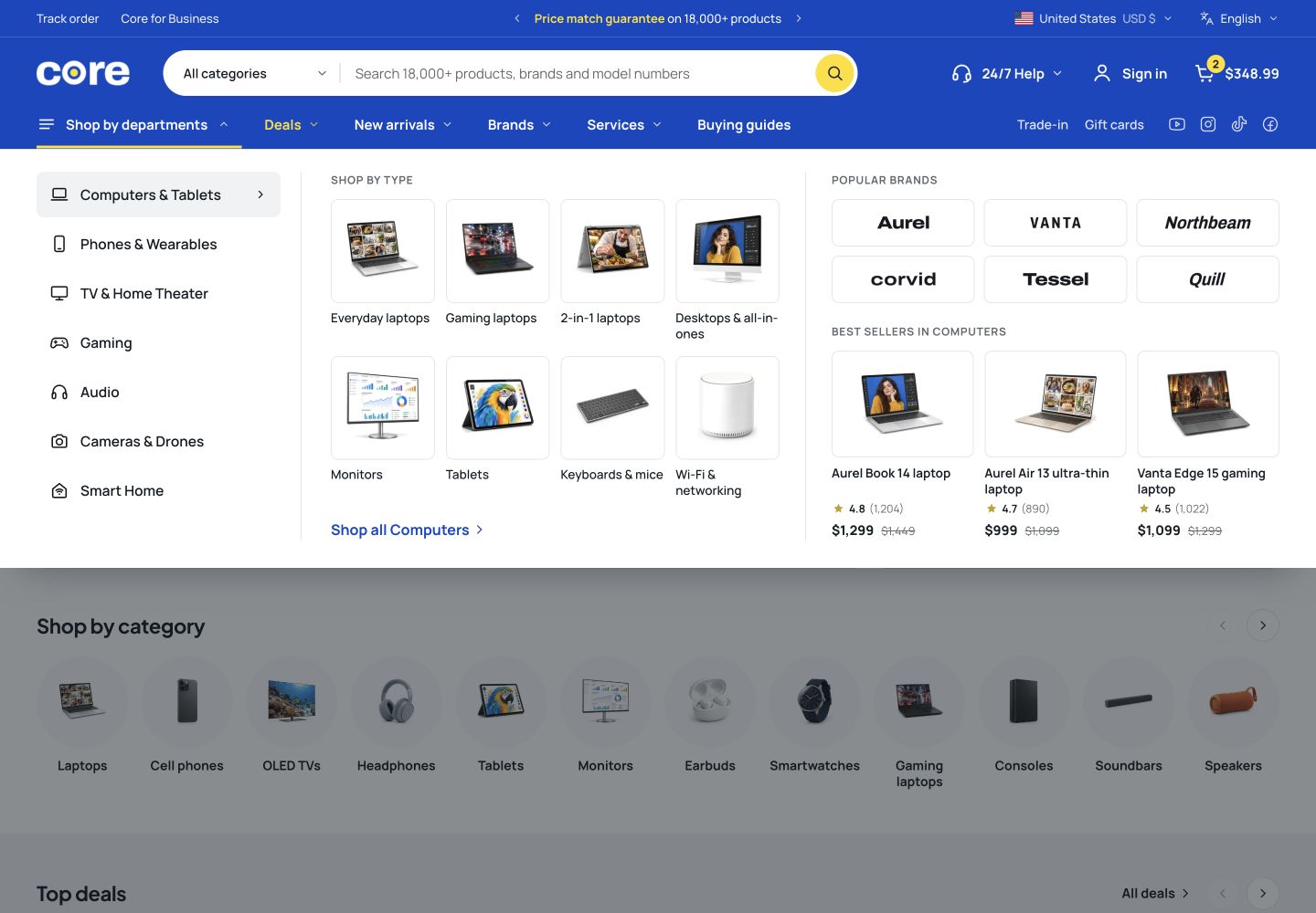 Core mega menu showing grouped departments and visual links